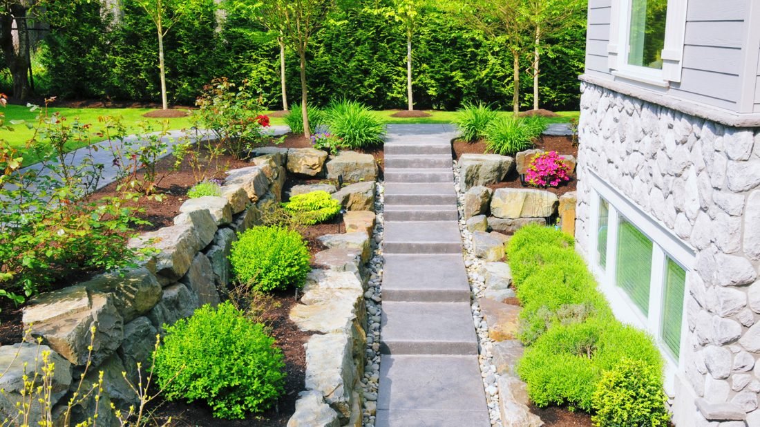 Garden landscaping with stone steps